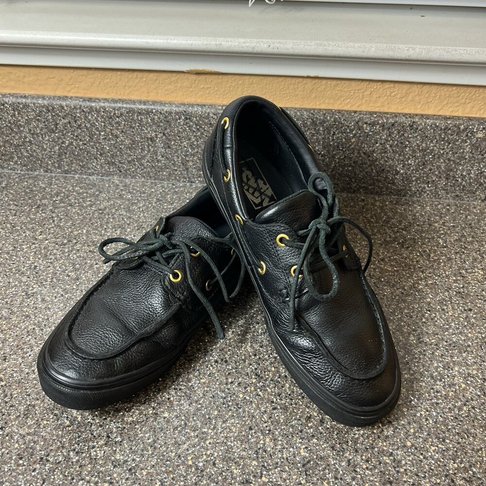 VANS Classic Boat Shoes Black Leather Slip On/Lace Up Mens 8.5 Low Top Womens 10